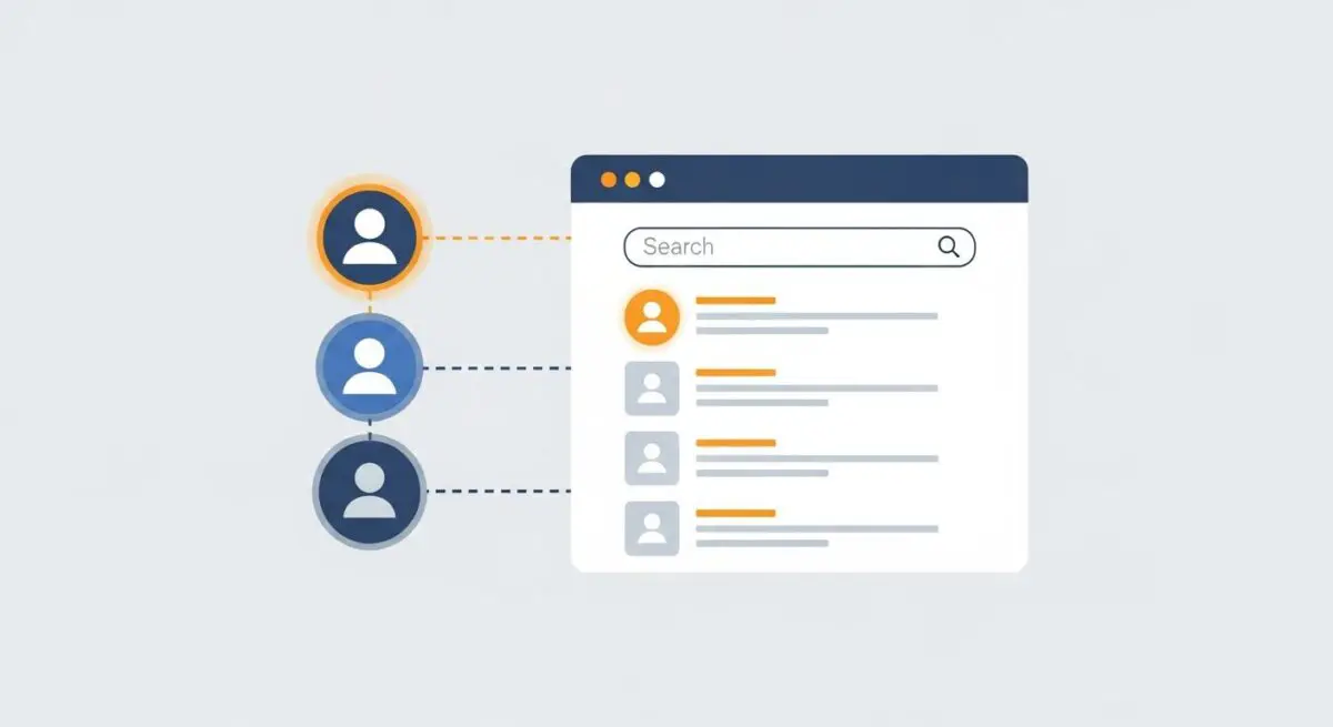 Visual representation of lead scoring, showing different colored profiles linking to a search interface.