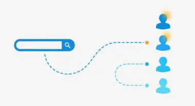 Conceptual graphic illustrating lead scoring with a search bar and segmented user icons.