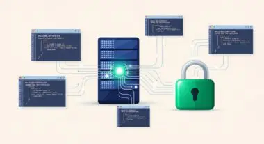 Illustration showing a server, code windows, and a padlock representing Let's Encrypt SSL certificate issuance.