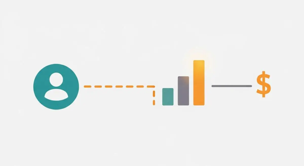 A conceptual graphic illustrating customer journey from user icon to increasing revenue, representing Lifetime Value.