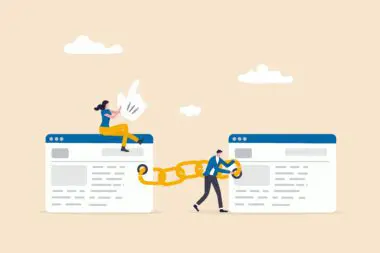 A woman and a man work together to connect two digital browser windows using a large golden chain.
