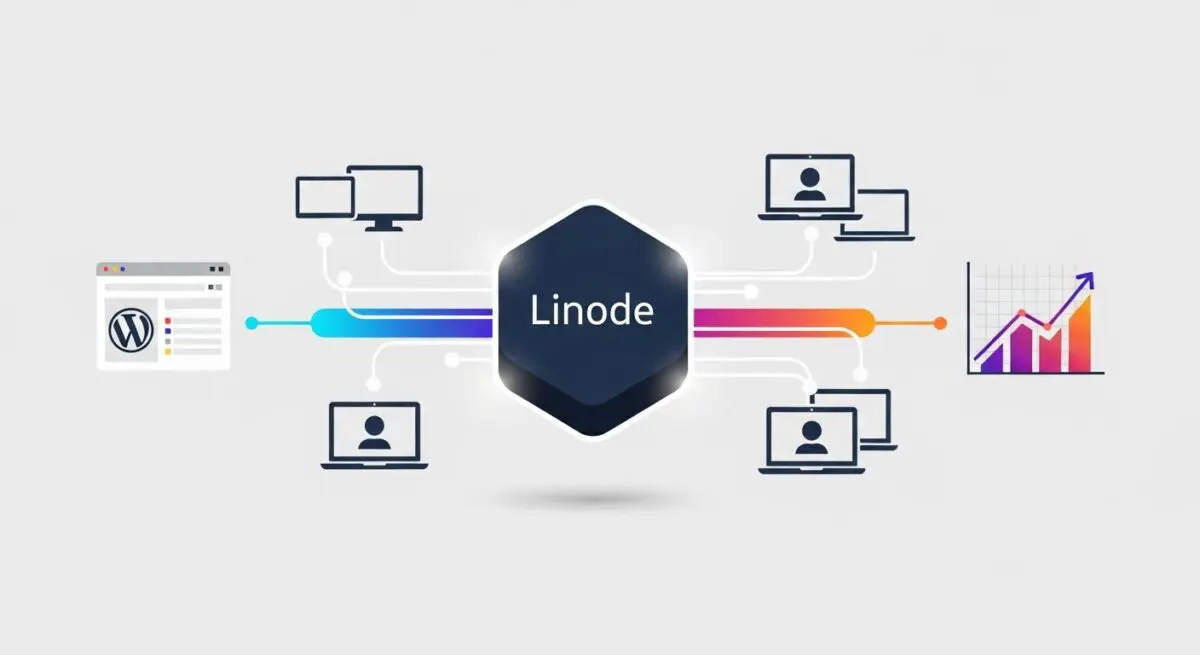 Central hexagon labeled Linode connected to various devices and a growth chart.
