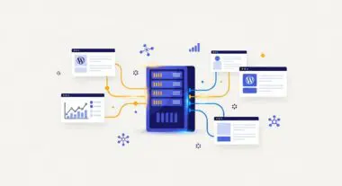 Server rack connected to multiple website dashboards, illustrating Liquid Web hosting services.