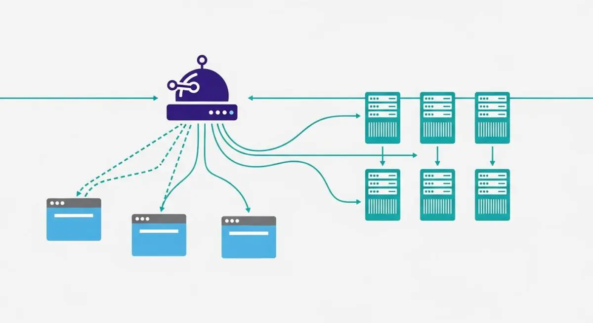 Diagram showing a central unit distributing traffic to multiple servers, illustrating load balancer functionality.