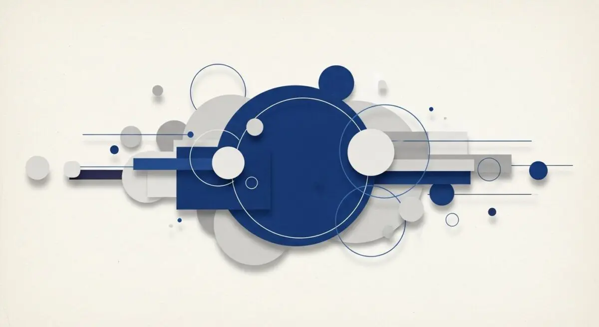 Abstract geometric design featuring overlapping circles and rectangles in blue and grey, symbolizing the interconnectedness of local citations.