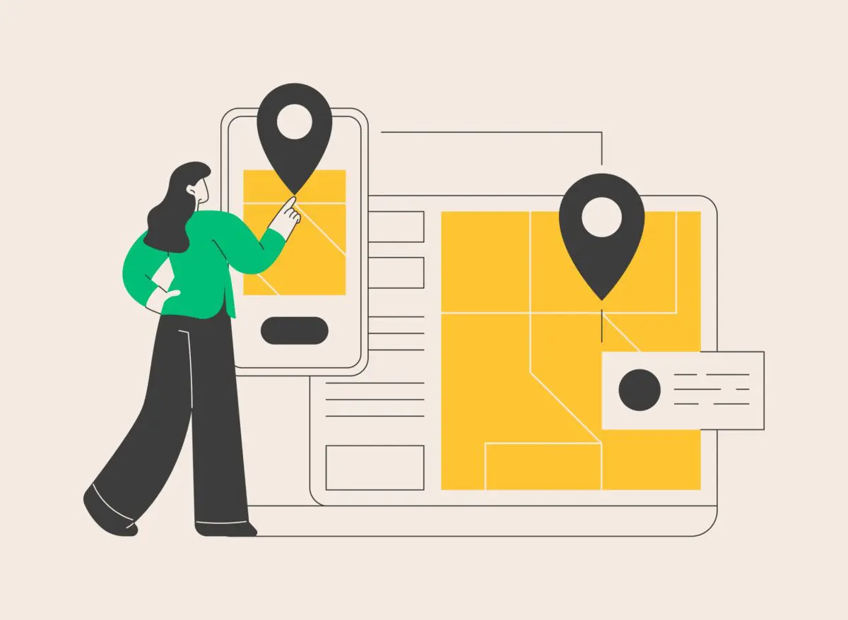 A person interacts with a digital map interface on mobile and desktop devices featuring location pin icons.