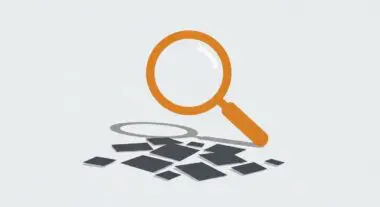 Magnifying glass examining scattered digital data pieces, illustrating log file analysis.