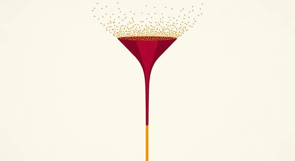 Golden dots filtering through a red funnel, symbolizing refining long-tail keywords.