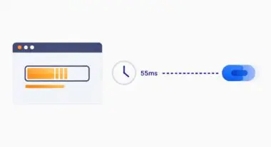 A progress bar on a browser window indicates loading, connected by a dotted line to a clock showing 55ms.