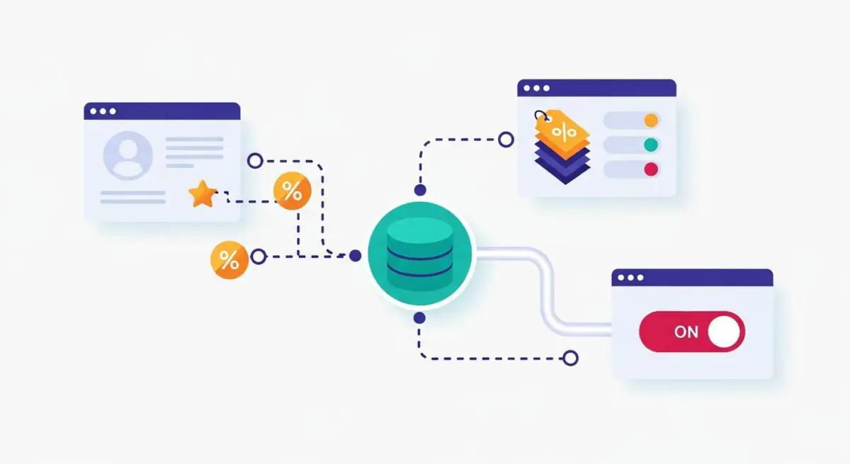 Diagram showing user profile, discount icons, and database connecting to an 'ON' toggle, illustrating loyalty program automation.