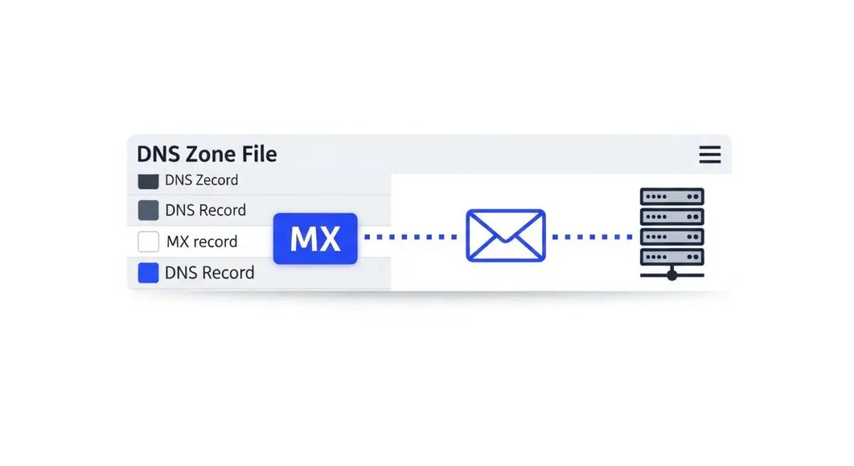 DNS Zone File showing MX record directing email to a server.