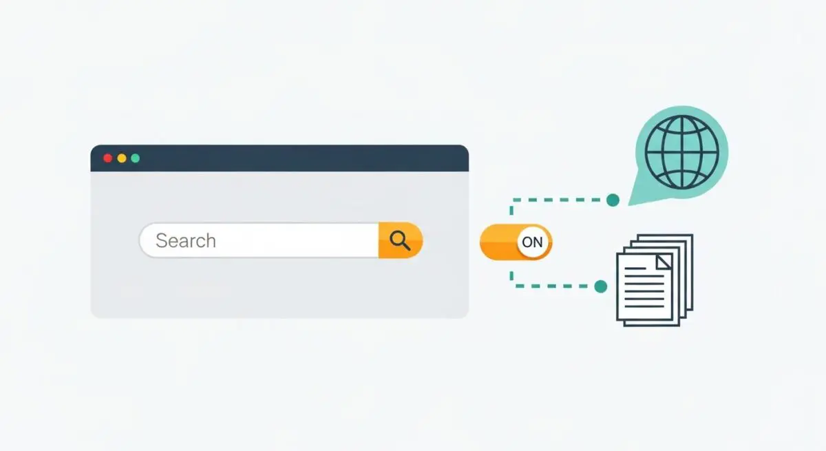 Illustration of a search bar connected to a global network and documents, representing machine translation.