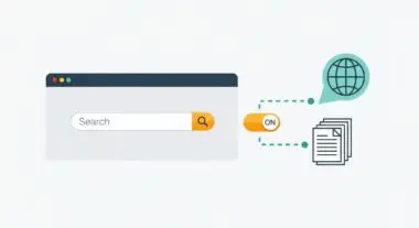 Illustration of a search bar connected to a global network and documents, representing machine translation.