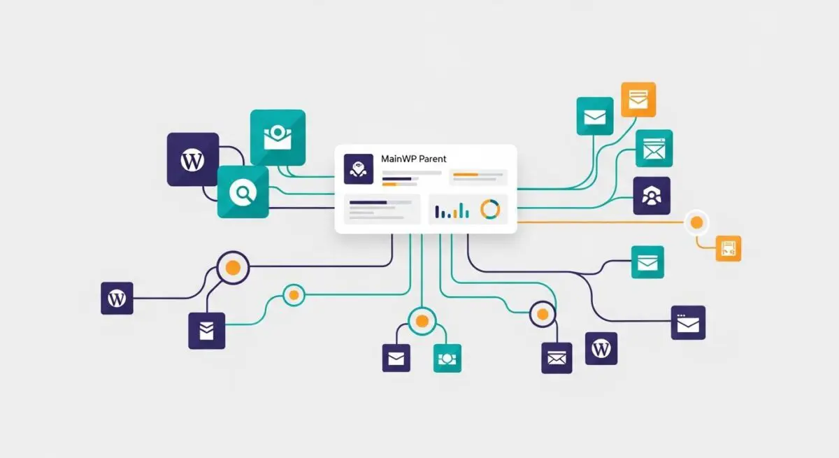 Diagram showing the MainWP parent dashboard connected to various WordPress child sites and services.