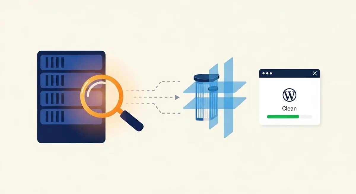 Magnifying glass inspecting server data, indicating malware scanning to ensure a clean WordPress site.