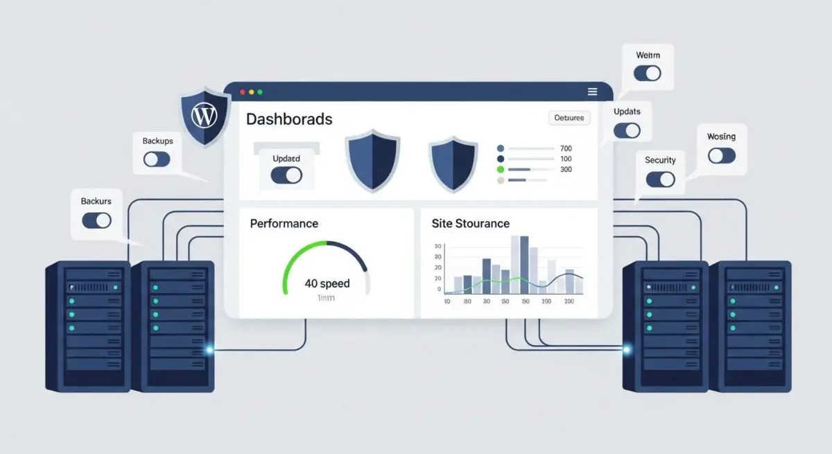 Dashboard showing performance metrics and site storage for managed WordPress hosting, with server racks connected.