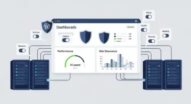 Dashboard showing performance metrics and site storage for managed WordPress hosting, with server racks connected.