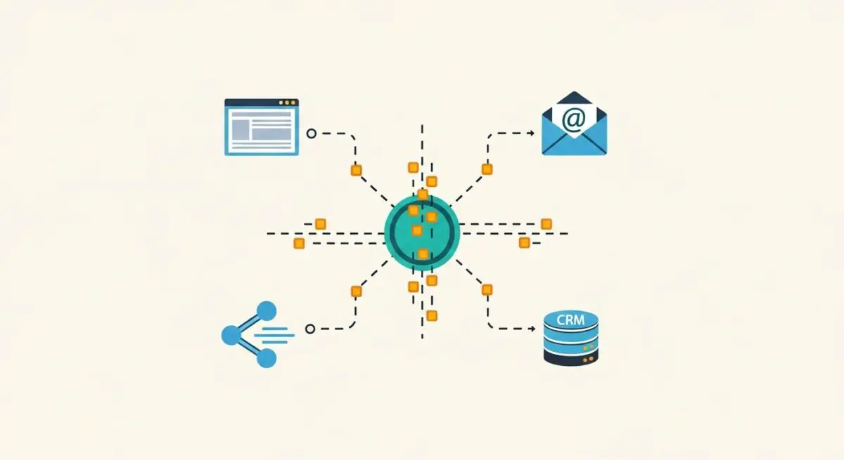 Diagram illustrating data flow from web and social channels to a central hub, representing a Marketing Automation Platform. By Andres SEO Expert.
