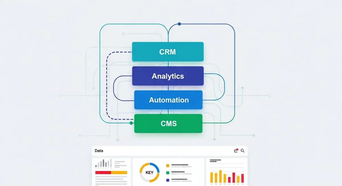 Diagram showing CRM, Analytics, Automation, and CMS connected, representing marketing technology integration.
