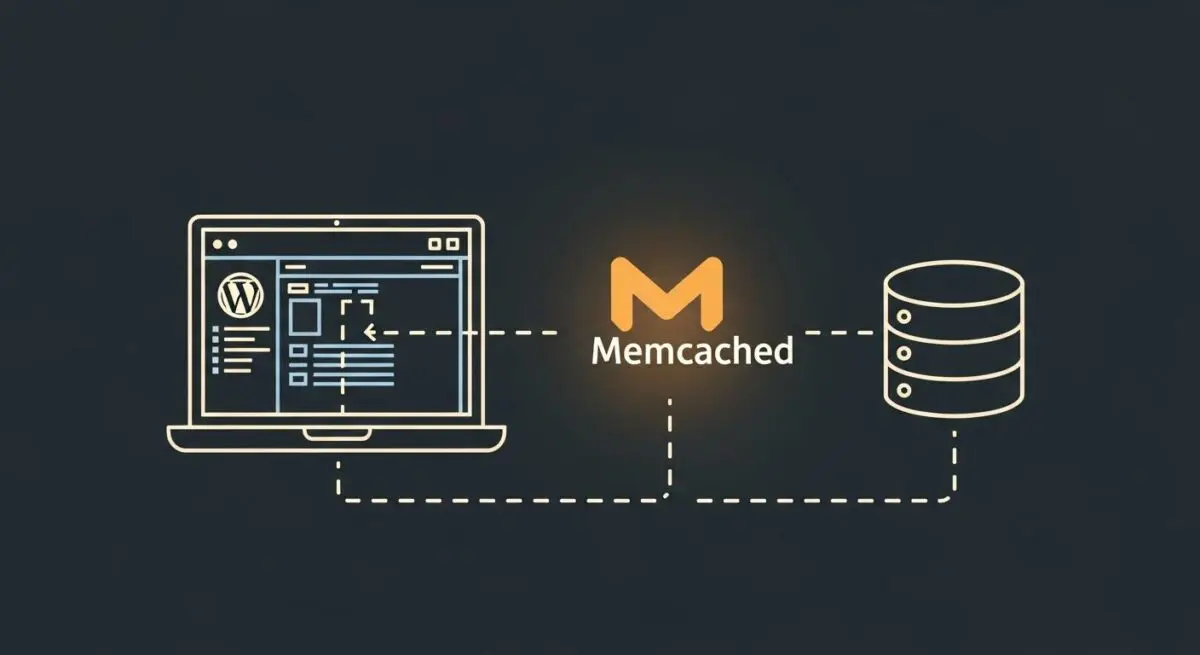 Diagram showing WordPress data flowing to Memcached cache and then to a database.