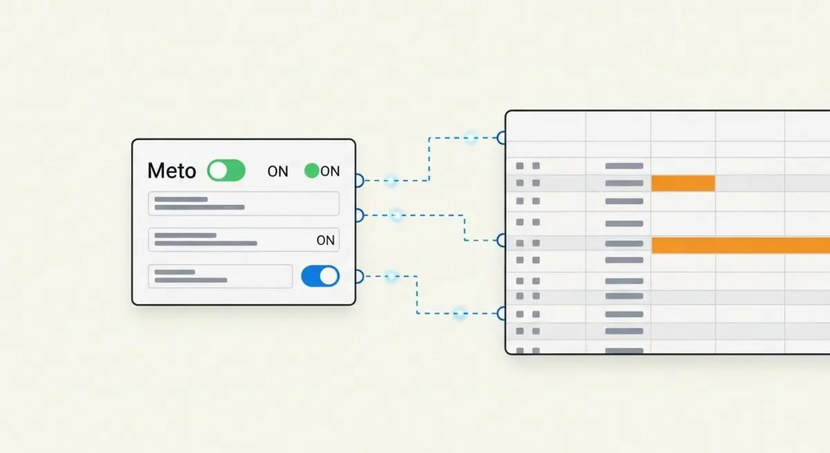 Diagram showing a Meta Box interface with toggles controlling elements in a grid layout, indicating data flow.