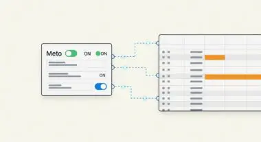 Diagram showing a Meta Box interface with toggles controlling elements in a grid layout, indicating data flow.