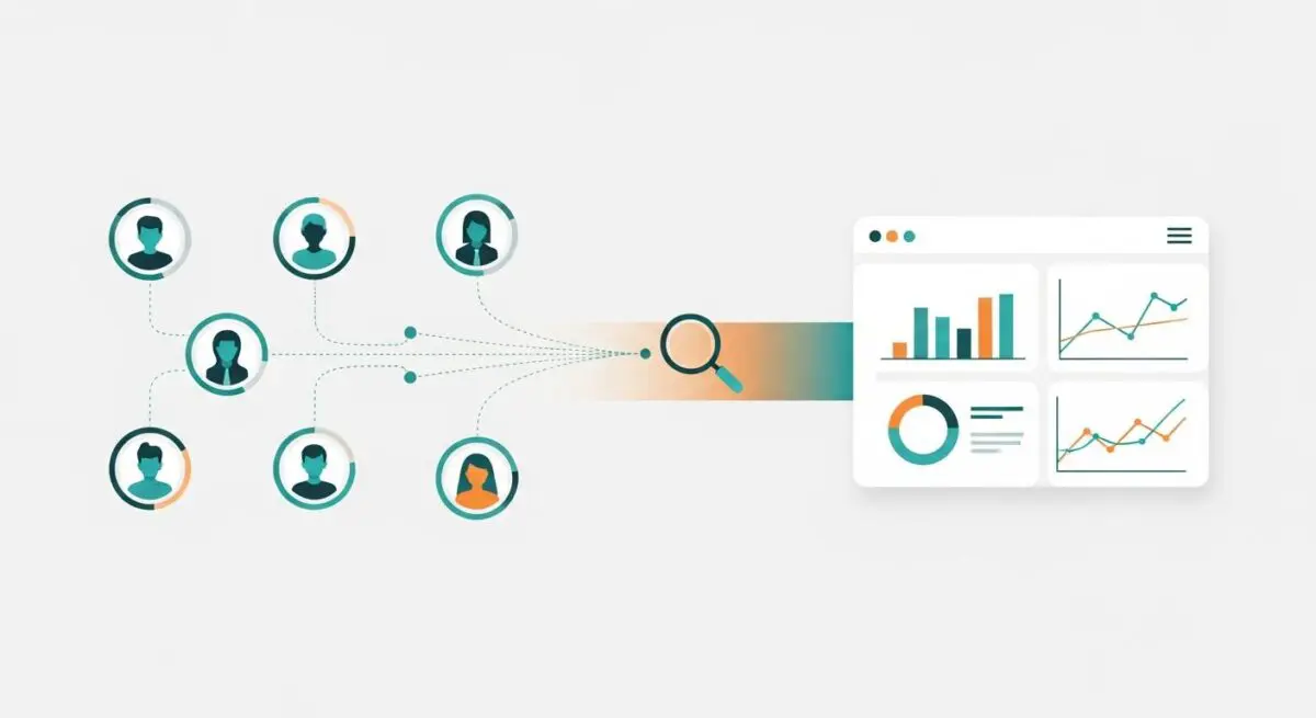 Illustration of individuals connecting and being analyzed for marketing insights, representing micro-influencers.