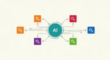 Central AI node connected to multiple search icons, representing microservices architecture.