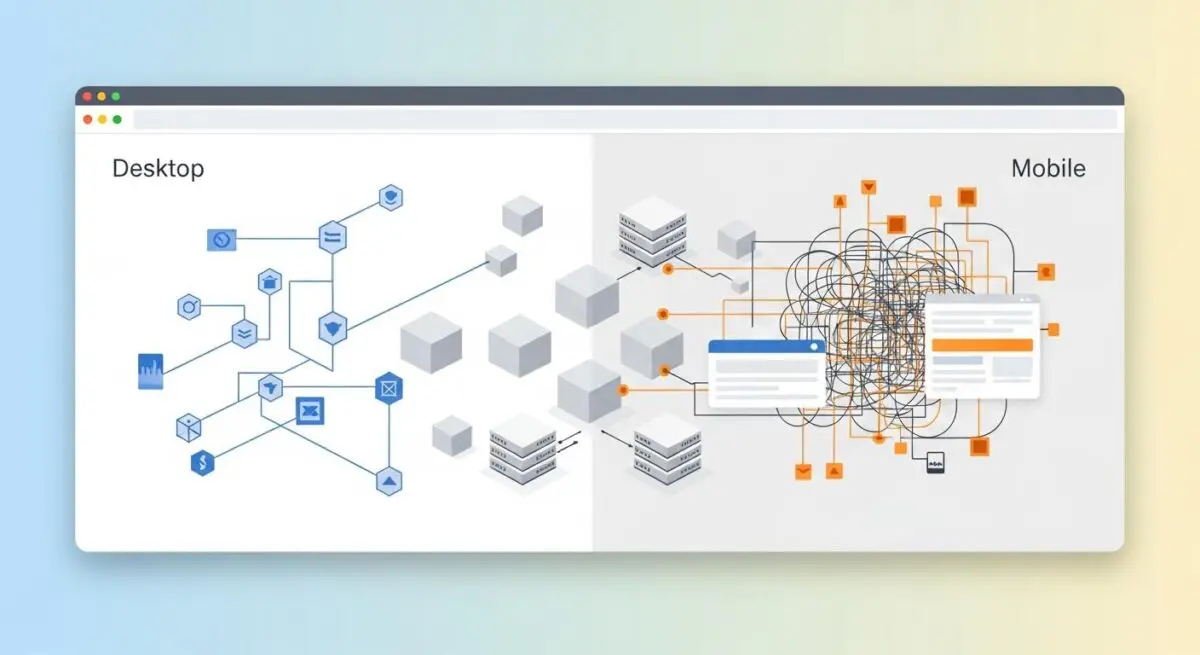 Diagram showing complex mobile navigation vs. simple desktop links, illustrating crawl depth issues.