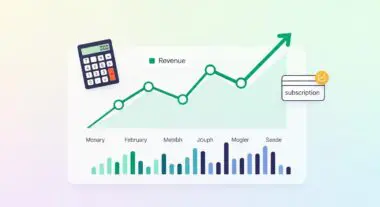Calculator and graph showing increasing revenue trends, representing Monthly Recurring Revenue (MRR).