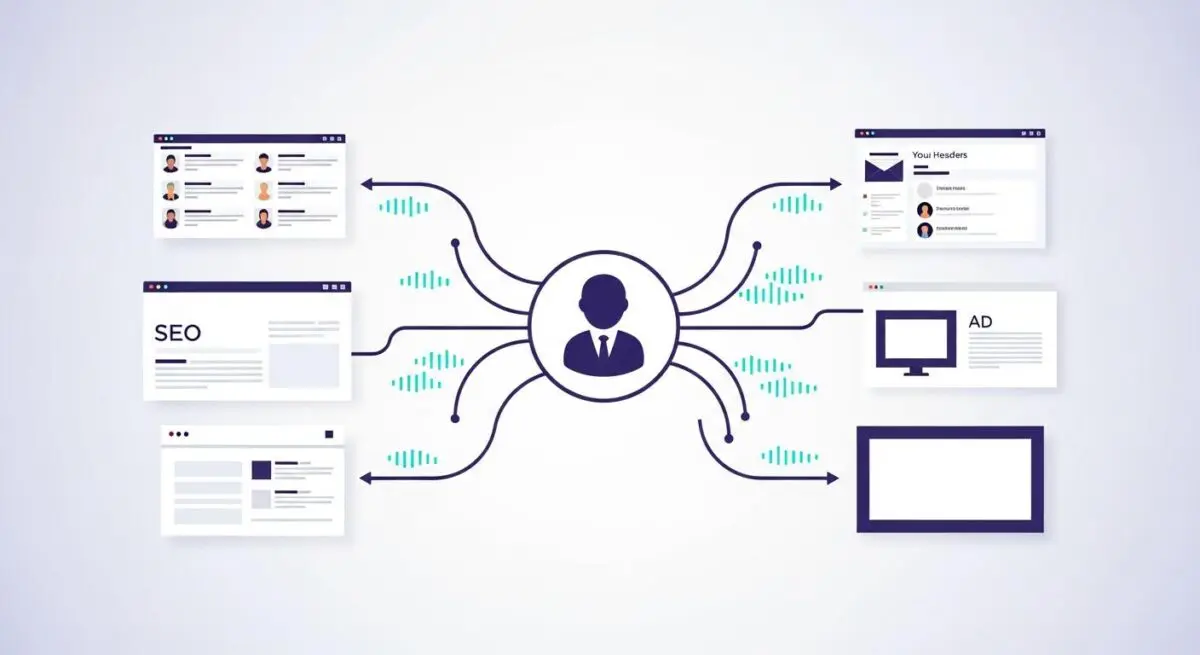 Illustration showing a central figure connected to various digital platforms, representing multi-channel marketing.