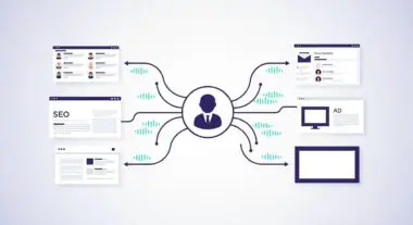 Illustration showing a central figure connected to various digital platforms, representing multi-channel marketing.