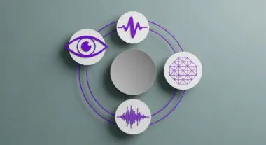 Conceptual graphic illustrating multimodal AI, showing an eye, sound waves, and geometric patterns connected by purple lines.