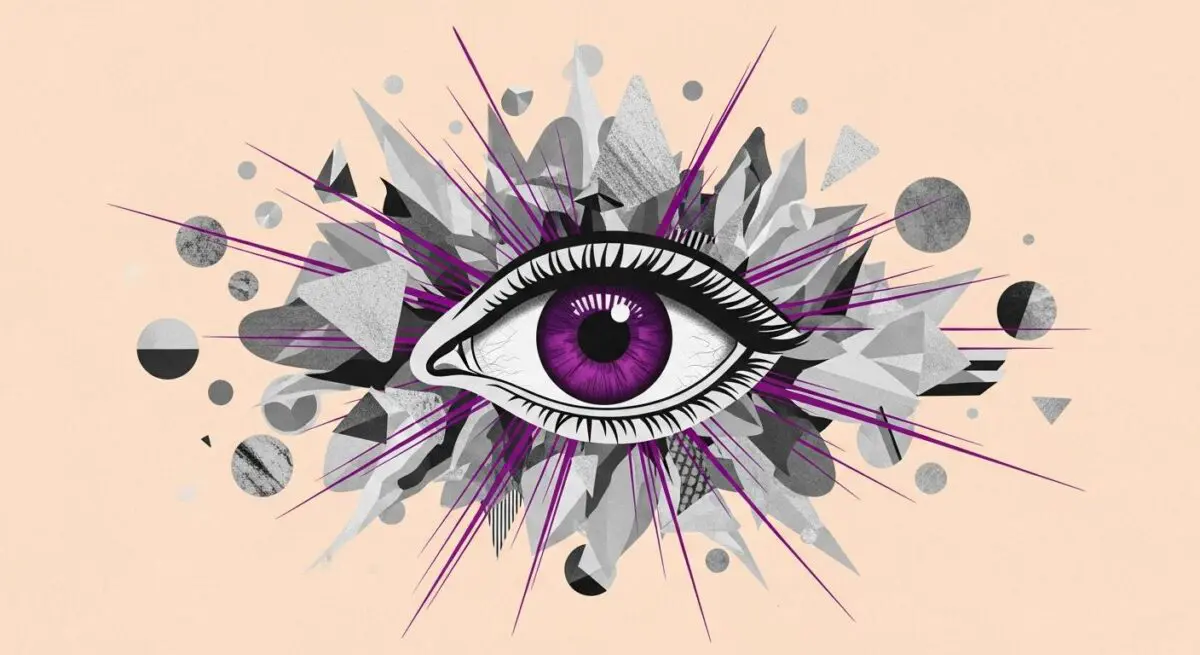 Abstract illustration of a purple eye with geometric shapes radiating outward, symbolizing multimodal AI search.
