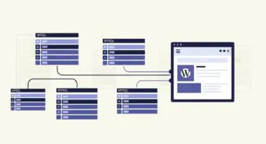 Diagram showing multiple MySQL databases connected to a WordPress website interface.