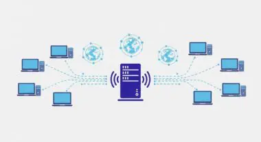 Diagram illustrating multiple computers connecting to a central server, representing nameservers directing network traffic.