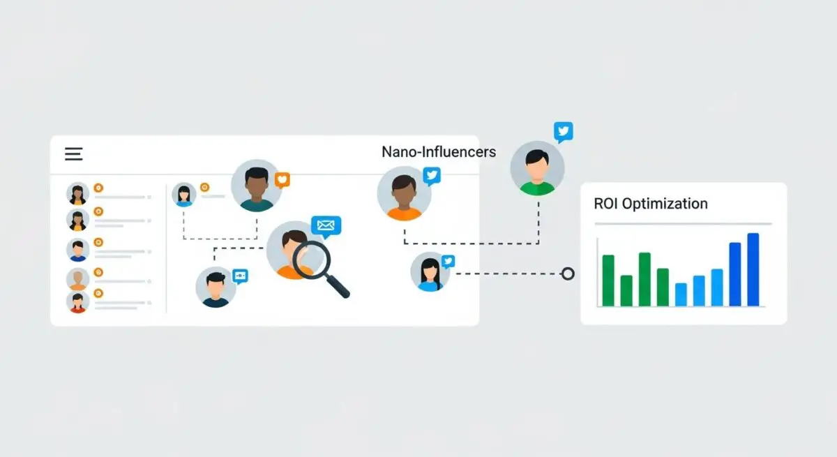 Diagram showing connections from a list of users to nano-influencers, leading to ROI optimization with a bar chart.