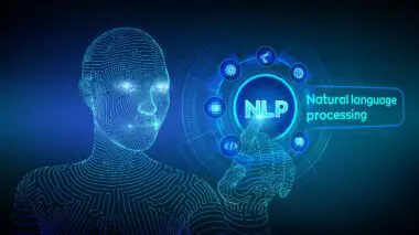 A digital wireframe robot touches a glowing interface labeled NLP for natural language processing on a blue background.