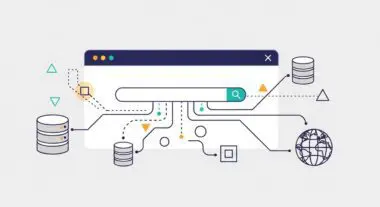 Diagram illustrating data flow from databases and servers to a search bar, representing natural language query processing.