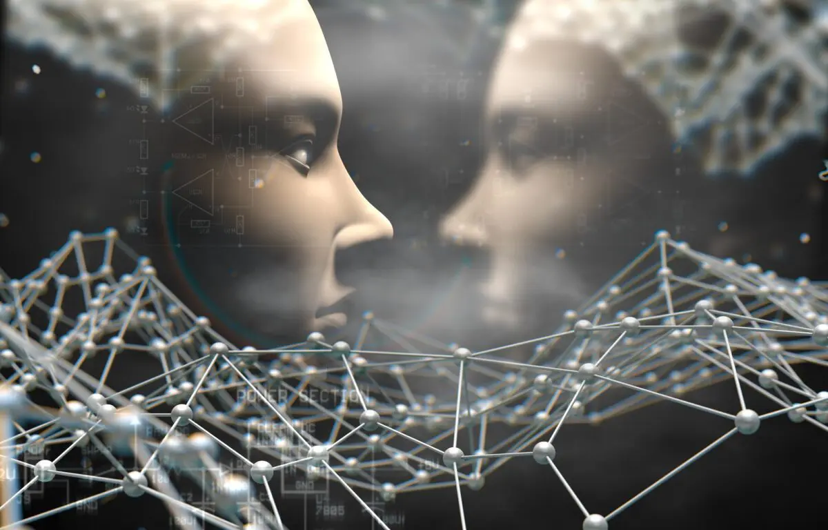 Two humanoid figures face each other amidst a complex digital network of nodes and circuit diagrams.