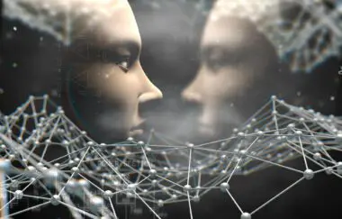 Two humanoid figures face each other amidst a complex digital network of nodes and circuit diagrams.