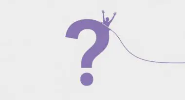 Silhouette of a person raising arms triumphantly over a giant purple question mark in natural Q&A format.