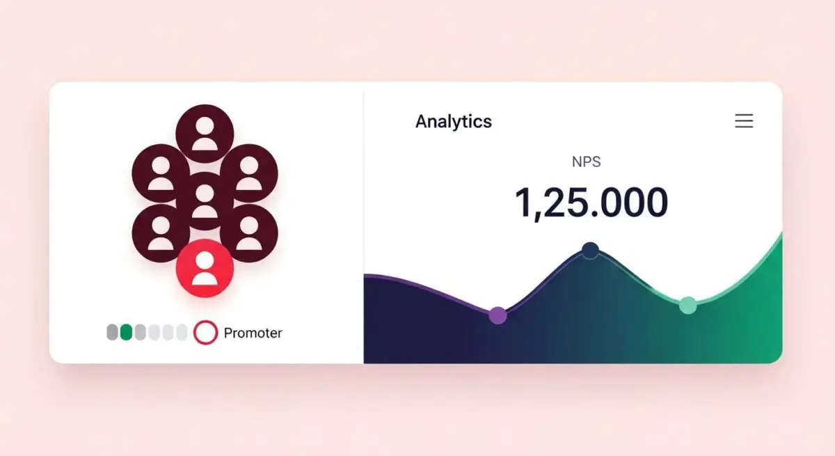 Illustration showing a cluster of user icons with one highlighted red, indicating promoters, and an NPS analytics graph. By Andres SEO Expert.