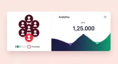 Illustration showing a cluster of user icons with one highlighted red, indicating promoters, and an NPS analytics graph. By Andres SEO Expert.