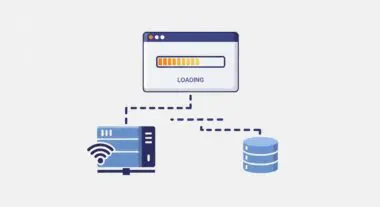 A server with Wi-Fi symbol, database, and a loading screen illustrate network latency impact on website speed.