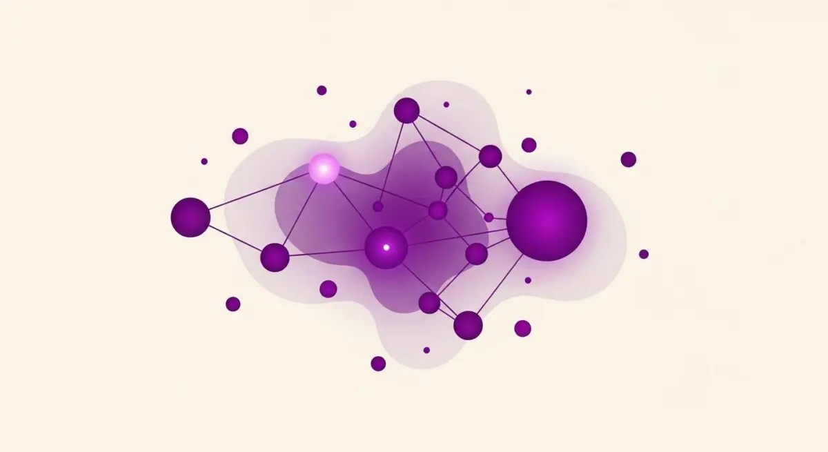 Abstract network of interconnected purple nodes representing a neural network.