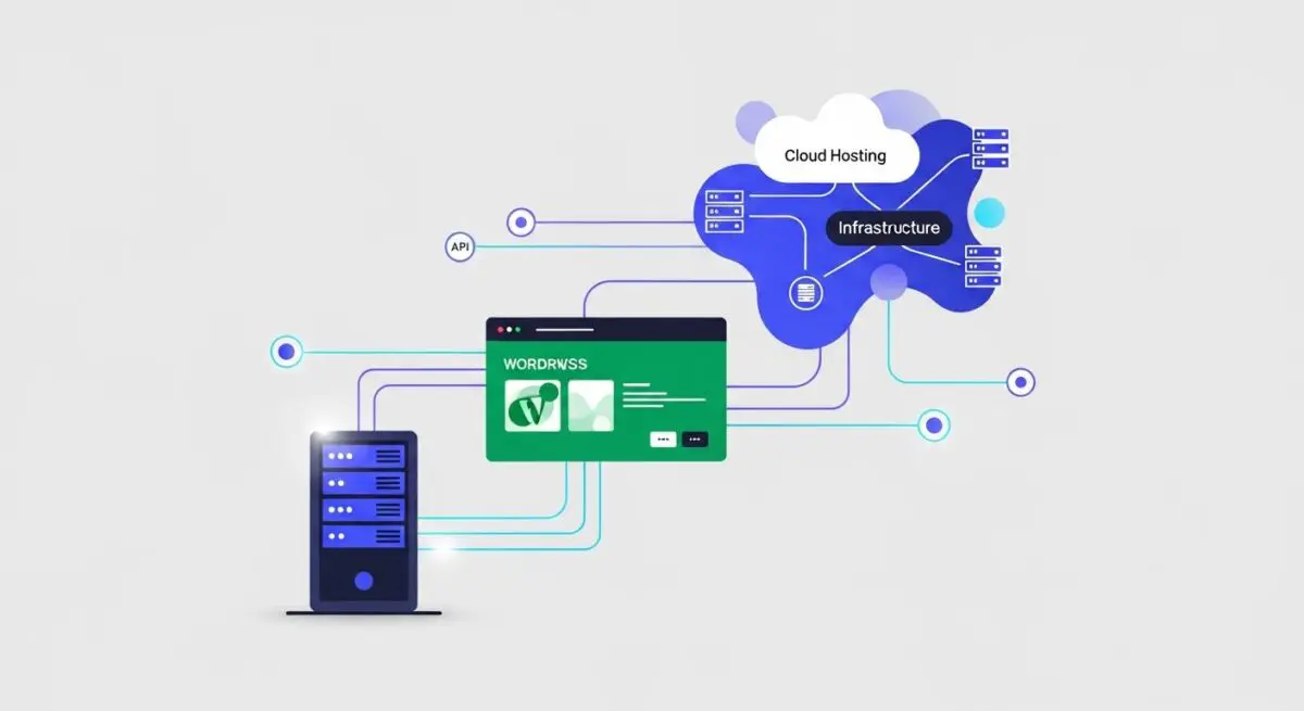 Diagram showing server infrastructure and cloud hosting connecting to a WordPress interface, representing Nexcess services.
