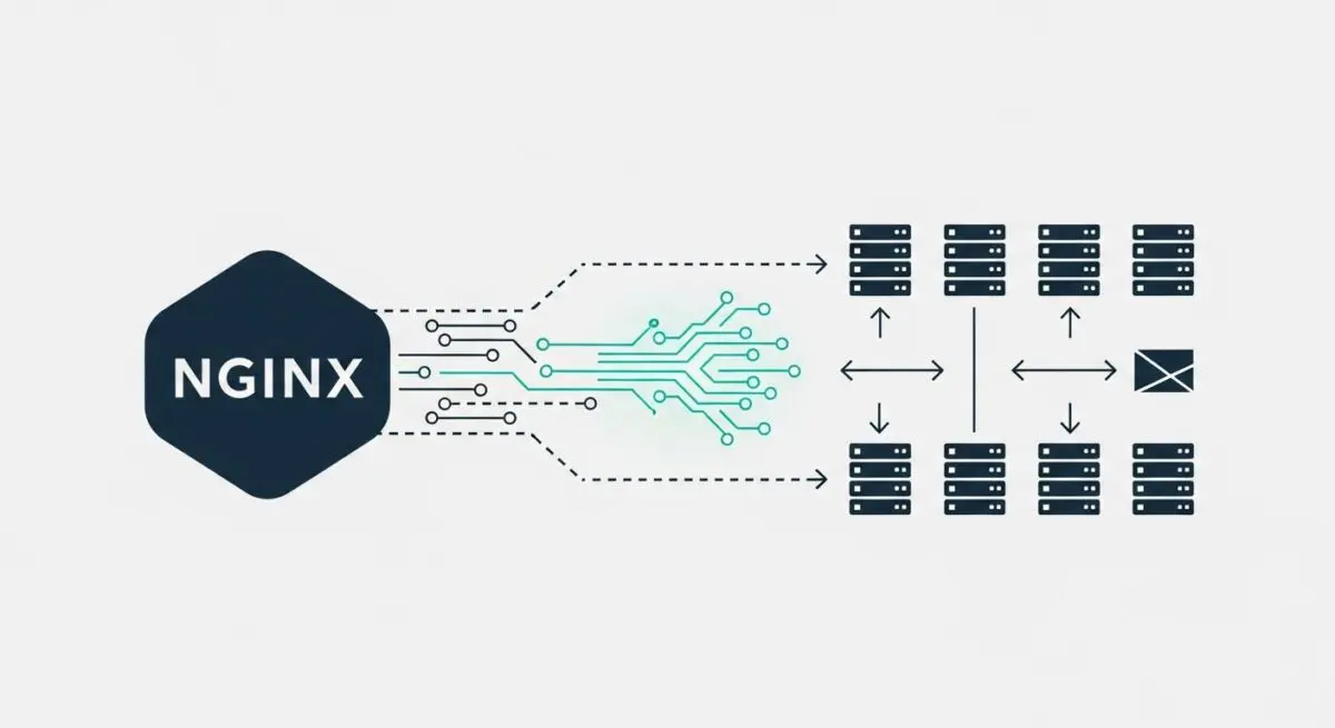 Nginx server diagram showing data flow to multiple server icons and an email icon.