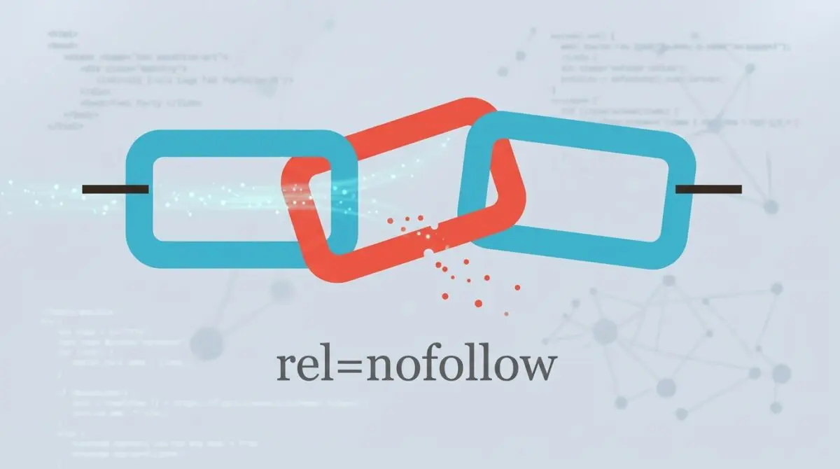 A broken chain link graphic with a red segment illustrates the concept of a nofollow link attribute.