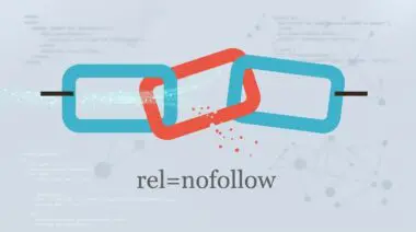 A broken chain link graphic with a red segment illustrates the concept of a nofollow link attribute.